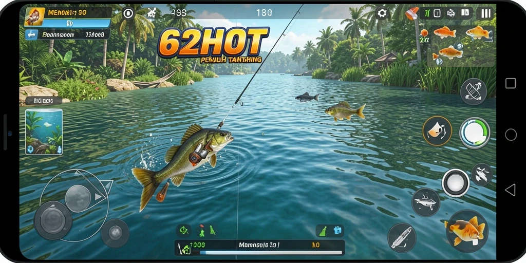 Tampilan gameplay 62HOT saat memancing di danau yang indah.