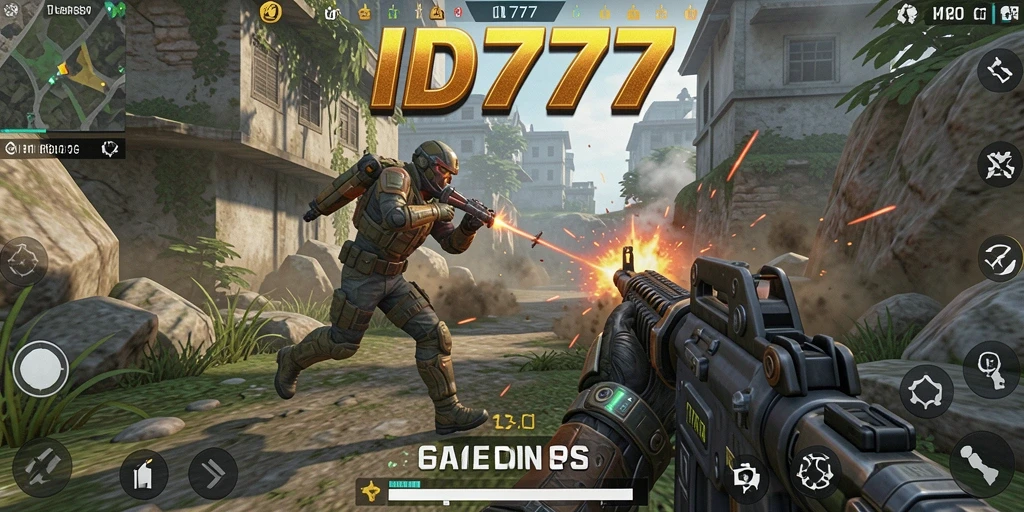 Screenshot gameplay ID777 menampilkan serangan mendebarkan dalam pertempuran FPS.