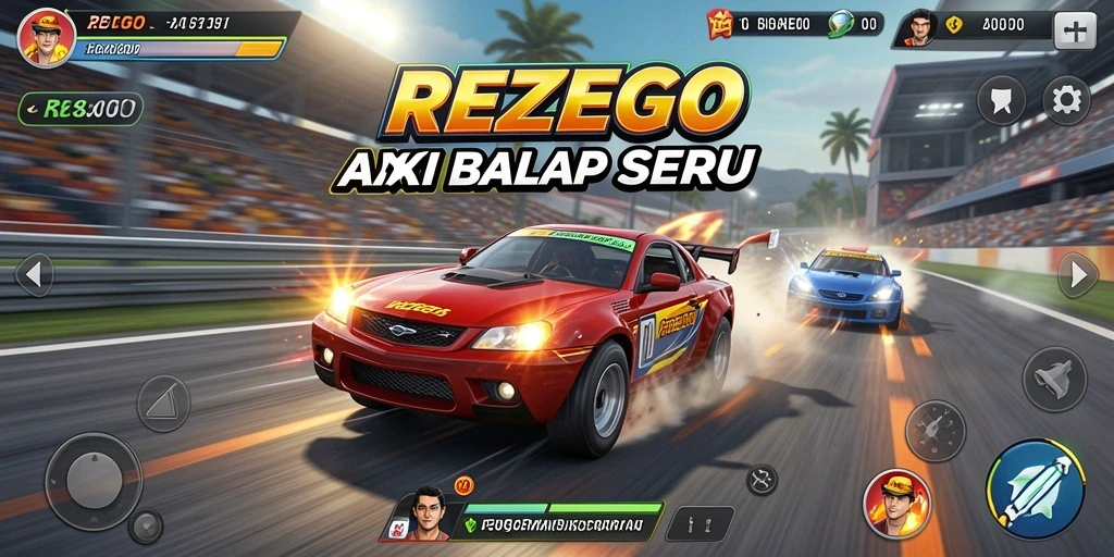 Tampilan gameplay seru dari balapan di REZEGO dengan berbagai jenis kendaraan.