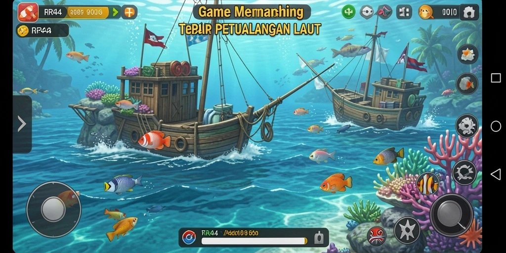 Screenshot gameplay RR44 yang menampilkan aksi memancing seru.